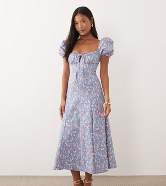 New Look Petite Vestito midi milkmaid blu a fiori