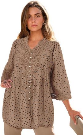 Roaman's Plus Size Juliet Lace Trim Button Down Shirt in Brown Sugar Painted Dot at Nordstrom, Size 24