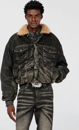 Diesel Teddy-lined trucker jacket in dirty-effect denim - Denim Jackets - Unisex - Black