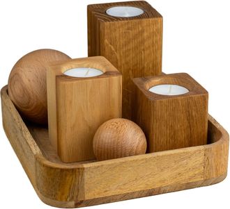 OEM Juego Decorativo De 3 Candelabros Y 2 Bolas Sobre Una Base De Madera Natural