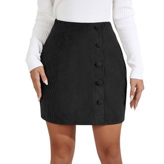 Generic Women Office High Waist Pencil Skirt - Corduroy Suede Button Bodycon Knee Length Work Daily Wear(1B-Black, S)
