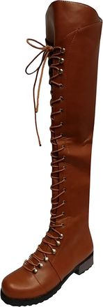 Generic Classic Lace Up Womens Knee High Boots Outdoor Low Heeled Round Toe Western Ankle Support Footwear Durable Comfortable Walking (Brown, 5.5)