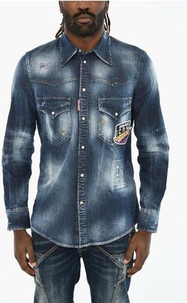 Dsquared2 Vintage effect Denim Overshirt with Snap Buttons size 46