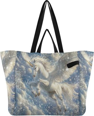 Generic White Horse Blue White Snowflake Horse print Reusable Canvas Tote Bag, Heavy Duty Grocery Shopping Bag with Large Capacity Double Handles Hard Bottom 