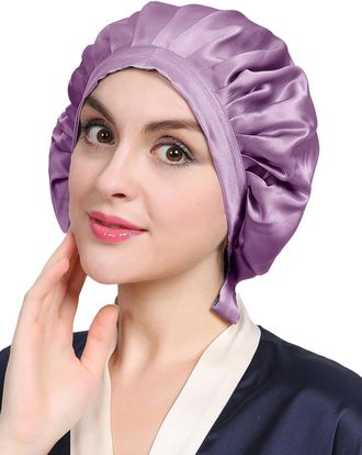 LilySilk 100% Pure Mulberry Silk Sleep Cap for Hair Care Women 19 Momme, Natural Silk Bonnet for Sleeping, Soft Hair Wrap Elastic Stay on Head-Lavender