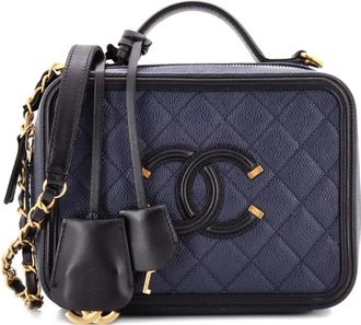 Chanel Borsa a tracolla Filigree Vanity Case media in pelle Caviar trapuntata - Blu