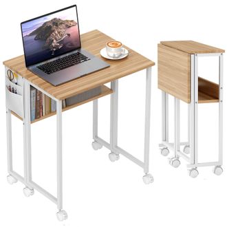 HOMCOM 63 Cm Foldable Computer Desk On Wheels For Small Spaces - Natural wood finish | TJ Hughes