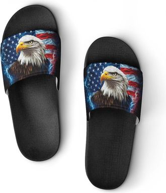 Generic Bald Ea-gles Thunder U.S. Flag Shower Shoes Slipper for Women Men Beach Slippers Quick Drying Non Slip Open-Toe Sandals