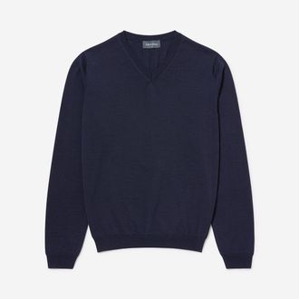 Oliver Sweeney Mens Merino Wool V-Neck Jumper - Navy - Size Small