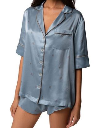Kiki De Montparnasse Silk Lounge Les Partenaires Short Sleeve PJ Top in Marais/caf&eacute; at Nordstrom, Size Medium