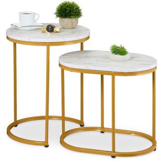Relaxdays Relaxdays - Tavolini da Salotto, 2 Tavoli Bassi Caff&egrave; da Divano Soggiorno, Tondo e Ovale Stile Marmo, Metallo, Bianco Oro