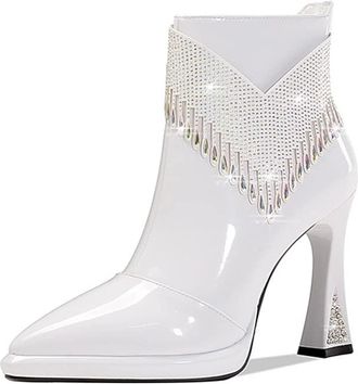 TinaCus Womens Pointed Toe Genuine Leather Handmade Rhinestones Decor Zip Up High Heels Ankle Boots, White, 4.5 UK