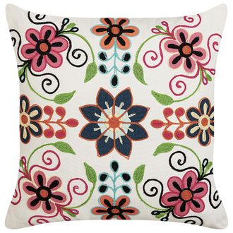 Beliani Coj&iacute;n De Algod&oacute;n Blanco Rosa Verde 50 X 50 Cm Lana Hecho A Mano Bahraich