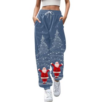 Generic Christmas Joggers for Women UK Funny Print Holiday Sweatpants High Waist Baggy Trousers Oversized Xmas Drawstring Jogging Pants Ladies Gym Walking Spo
