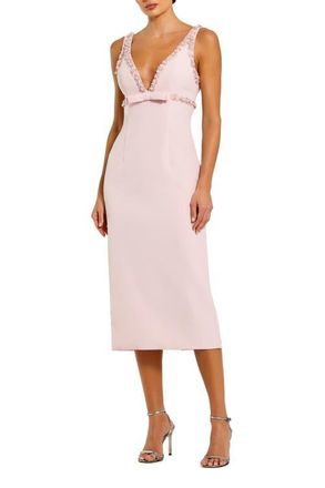Mac Duggal Plunging Beaded Bow Trim V Neck Fitted Midi Dress in Blush at Nordstrom, Size 10