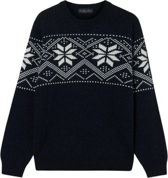 Brooks Brothers Noors Jacquard Trui - Heren - Ronde hals truien - Blauw - XL - Wol - Truien & Vesten