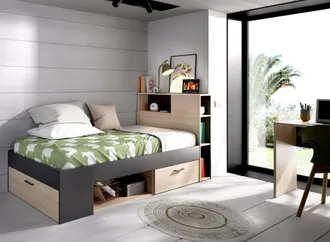 Dmora Dmora - Cama Infantil Dbraz&atilde;, Cuna Para Dormitorio Con Cabecero, Estructura Para Cama Individual Con Caj&oacute;n Y Baldas, 218x99h96 Cm, Roble Y Antracita