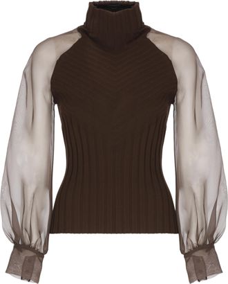D.exterior Brown Ribbed Viscose-Silk High-Neck Sweater