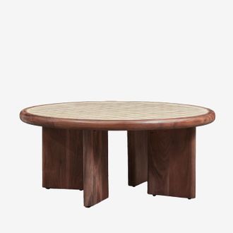 Sklum Mesa De Centro Redonda &Oslash;80 Cm En Madera De Acacia Y Azulejos Aitana Sklum