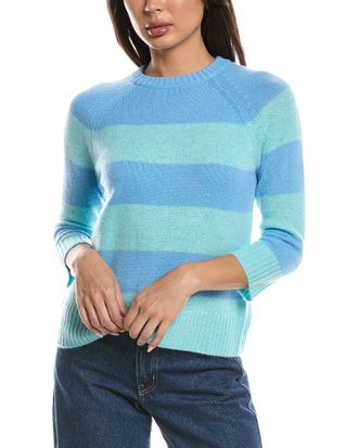 Fort&eacute; Cashmere 3/4-Sleeve Wide Stripe Crewneck Cashmere Sweater