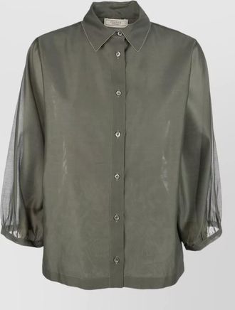 PESERICO shirt puff sleeves sheer fabric collared neck