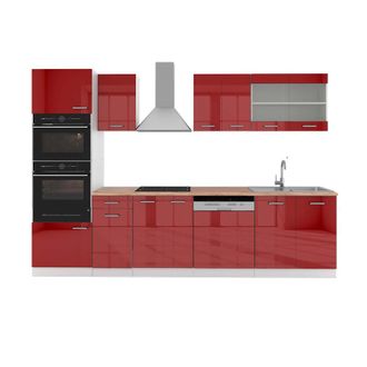 Vicco Mueble De Cocina R-line, Burdeos Brillo Intenso/blanco, 300 Cm Con Armario Alto, Et Roble