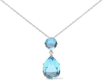 House of Brilliance 18K White Gold Diamond Accent and Round London Blue Topaz and Pear Cut Sky Blue Topaz Dangle Drop 18 Necklace