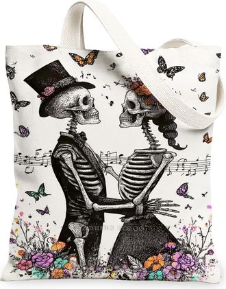 Generic Skeleton Lovers Canvas Tote Bags, Vintage Floral Butterfly Design Reusable Grocery Bags, Halloween Lightweight Washable Sho, White, 13x15 Inch