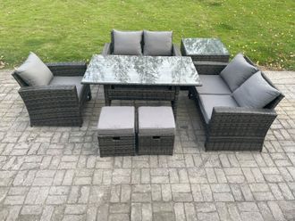 Fimous Wicker Rattan Garden Dining Set Outdoor Furniture Sofa with Dining Table Double Seat Sofa Side Table 2 Small Footstools Dark Grey Mixed