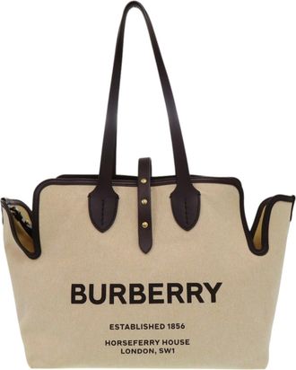 Burberry Beige Black Cotton Canvas Leather Tote Bag (Pre-Owned)
