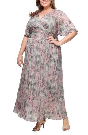 S.L. Fashions Metallic Floral Gown in Beige Multi at Nordstrom, Size 14W