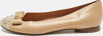 Gina Beige Leather And Satin Bow Detail Crystal Embellish Ballet Flats