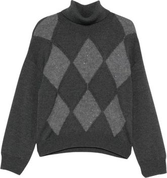 PESERICO Wol trui met geometrisch patroon - Dames - Coltruien - Grijs - L - Wol - Truien & Vesten