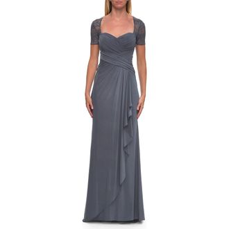 La Femme Ruched Lace Bodice Gown with Draped Skirt in Slate at Nordstrom, Size 18