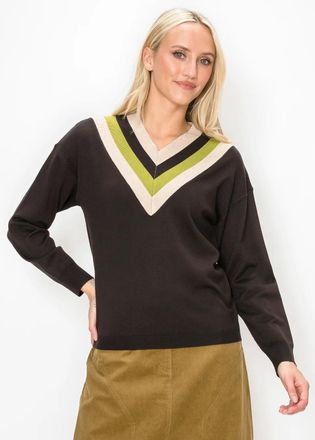 YAL New York Brown Pullover with Striped V Neck
