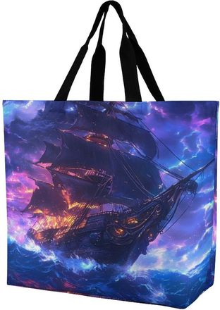 Generic Pirates-ship Thunder Ocean Large Reusable Shopping Bag Lightweight Foldable Tote Bags Washable Shoulder Handbag