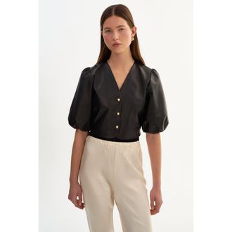 LaMarque Franka | Balloon Sleeve Leather Blouse in Black at Nordstrom, Size Small