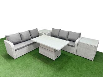 Fimous Outdoor Garden Furniture Sets 6 Seater Wicker Rattan Furniture Sofa Sets w/ Adjustable Lifting Dining or Coffee Table high Back Lounge Sofa 2