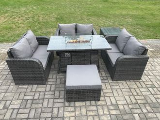 Fimous Rattan Outdoor Garden Furniture Sofa Set Gas Fire Pit Dining Table Gas Heater with Side Table Love Sofa Big Footstool in Dark Grey