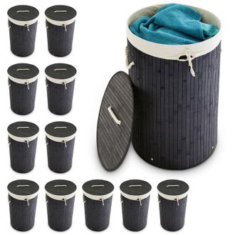 Relaxdays 12 Cestos Ropa Sucia Con Tapa, Redondo, Cubo Colada, Canasta Plegable, Bamb&uacute;, 70 L, &Oslash; 41 Cm, Negro