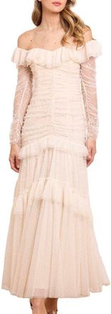 Needle & Thread Sequin Glimmer Rouched Off-shoulder Gown in Cream at Nordstrom, Size 12