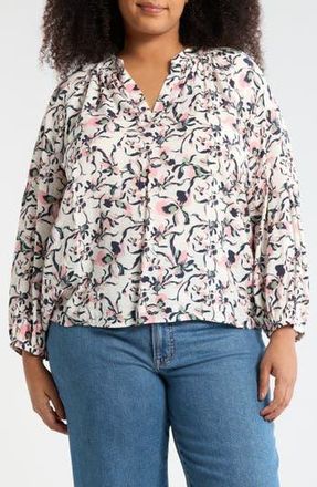 Caslon Floral Long Sleeve Popover Top in Ivory- Pink Navy Iris Flower at Nordstrom Rack, Size 3X