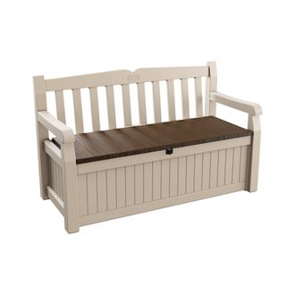 Dmora Dmora - Ba&uacute;l De Almacenamiento Exterior Chestermere, Cofre De Jard&iacute;n, Banco Con Almacenaje, Arc&oacute;n Para Exteriores, 140x60 H84 Cm, Beige Y Marr&oacute;n