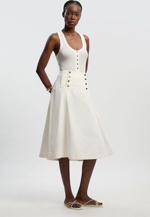 Karen Millen Womens Denim Button Front Skirt - Cream Cotton - Size 14 UK