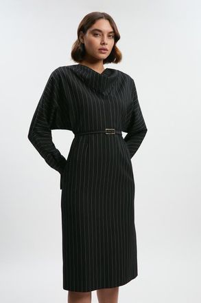 Karen Millen Pinstripe Cowl Neck Midi Dress in Black at Nordstrom, Size 12