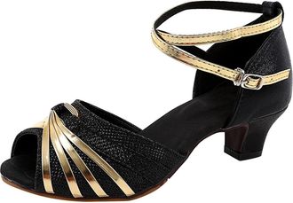 Generic Satin Party Latin Salsa Med-Heels Shoes Womens Tango Dance Casual Shoes Summer Child Women Sequins Glitter Women Latin Prom Ballroom Fish Mouth Evenin