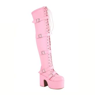 Generic Womens PU Leather Thigh High Boots Lace Up Gothic Punk Boots with Buckle Block High Heel Platform Long Boot,Pink,6.5 UK