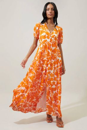 Sugarlips Floral Monaco Tiered Maxi Dress In Tangelo