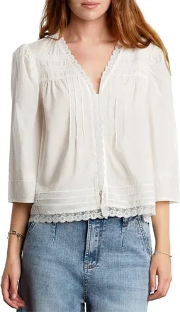 BILLY T Fable Floral Lace Trim Cotton Blend Button-Up Shirt in Cottage White at Nordstrom, Size X-Large