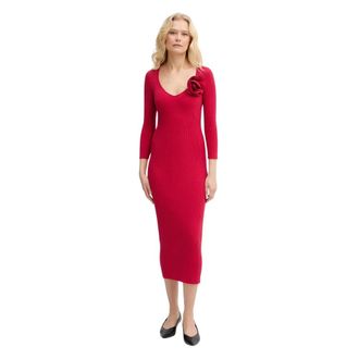 Twinset Gebreide jurk met bloemenapplicatie - Dames - Kleedjes - Rood - L - Katoen - Kleedjes